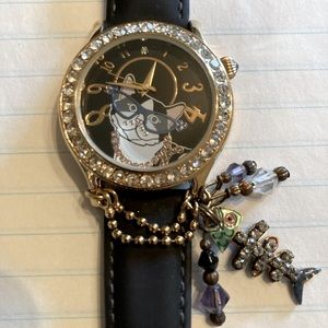 Lunch At The Ritz Cat Watch LATR2GO Rhinestone Bezel Face Charms Leather Band.